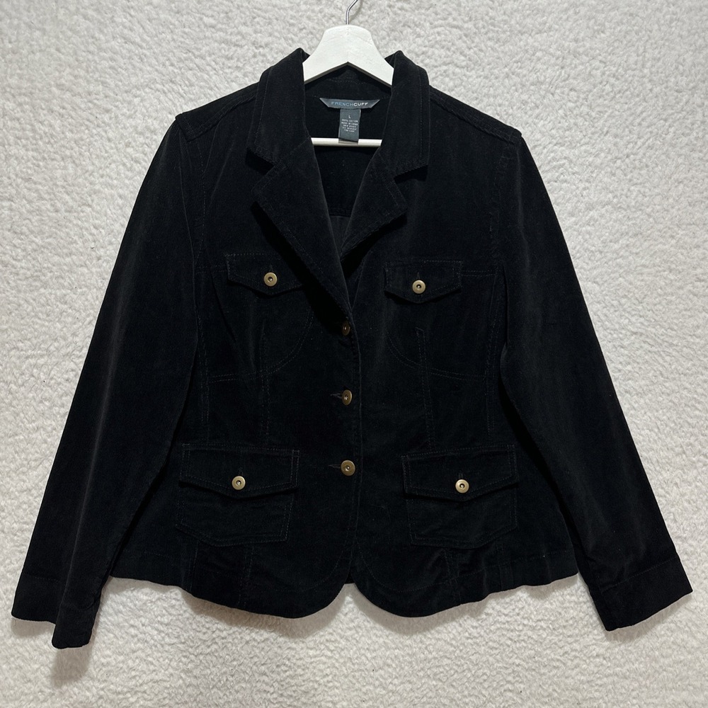 French Cuff Women's Corduroy Jacket Unlined Black Lightweight Blazer Size Large